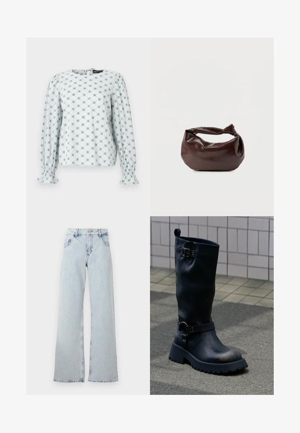 Blouse bleu clair avec de longues manches bouffantes, arborant un motif floral en losange de couleur marine. Manches élastiquées et fermeture au dos en forme de trou de clé.; Jeans large bleu clair en denim, avec une taille haute, des passants de ceinture, cinq poches et des zones décolorées pour un aspect vintage.; Botte en cuir noir mi-mollet avec semelle épaisse, boucle métallique près du sommet, et bride avec détail anneau au-dessus de la cheville, sur une surface pavée.; Sac bandoulière en cuir marron foncé avec une forme souple et décontractée et une anse nouée torsadée sur un fond blanc uni.