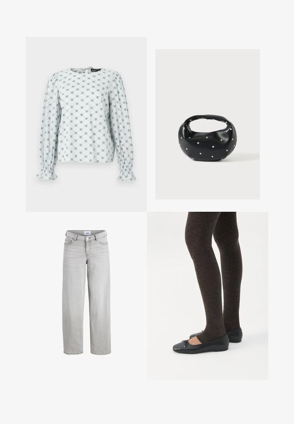 Blusa azul claro con mangas largas abullonadas, que presenta un patrón de diamantes florales en navy. Puños elásticos y cierre en la parte posterior con forma de ojo de cerradura.; Jeans de mezclilla gris claro con un corte relajado, piernas rectas y una cintura de altura media. Presenta presillas para cinturón, cierre de botón y bolsillos estándar.; Piernas con leggings oscuros acanalados combinados con bailarinas negras que presentan pequeños detalles de lazo sobre un fondo blanco.; Bolso de mano de cuero negro con forma redondeada, decorado con detalles de tachuelas plateadas y un asa corta. Textura lisa y cierre con cremallera.