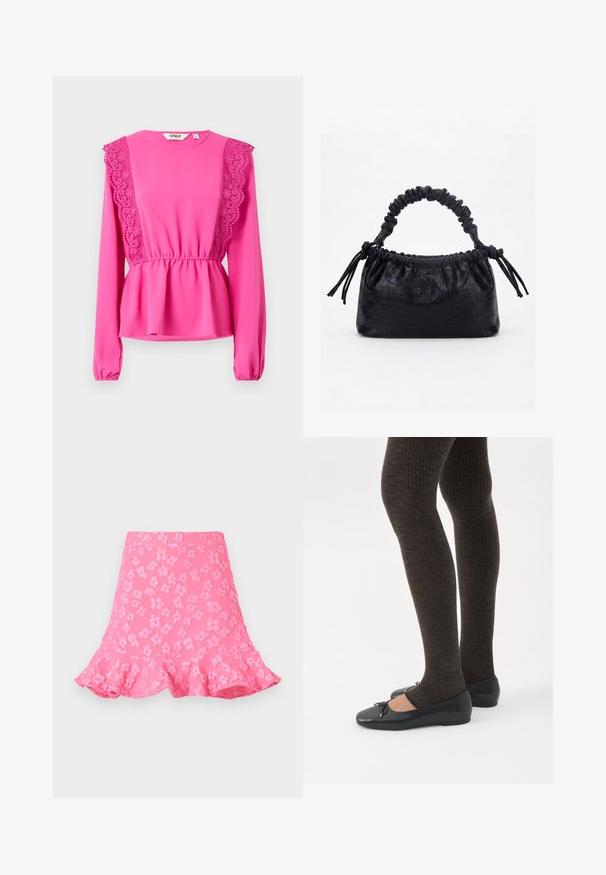 Top de manga larga en fucsia con detalles de encaje en los hombros, cintura fruncida y tejido texturizado. Escote redondo con puños elásticos.; Falda rosa de corte acampanado que presenta patrones florales en relieve, un dobladillo con volantes y una textura suave. Longitud por encima de la rodilla con una cinturilla ajustada.; Piernas con leggings oscuros acanalados combinados con bailarinas negras que presentan pequeños detalles de lazo sobre un fondo blanco.; Bolso negro con textura de cocodrilo, borde superior fruncido, asa recogida y cordones con borlas en cada lado sobre un fondo blanco.