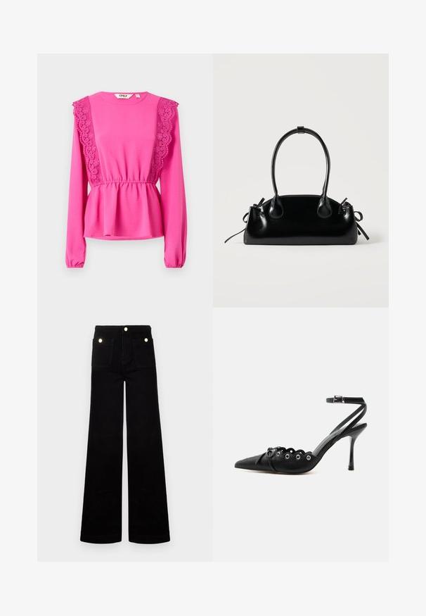 Fuchsia Langarmshirt mit Spitzendetails an den Schultern, gerafftem Bund und strukturiertem Stoff. Runder Ausschnitt mit elastischen Bündchen.; Schwarze, ausgestellte Jeans aus Denim mit hoher Taille, zwei vorderen Taschen und goldfarbenen Hardware-Akzenten. Glatte Textur, weites Bein-Design.; Schwarzer, spitzer High-Heel-Schuh mit geschwungenen Kanten, Metallösen, Schnürung vorne und Knöchelriemen mit Schnallverschluss.; Kleine schwarze glänzende Handtasche mit zwei langen Griffen und seitlichen Kordelzug-Details vor einfachem hellem Hintergrund.