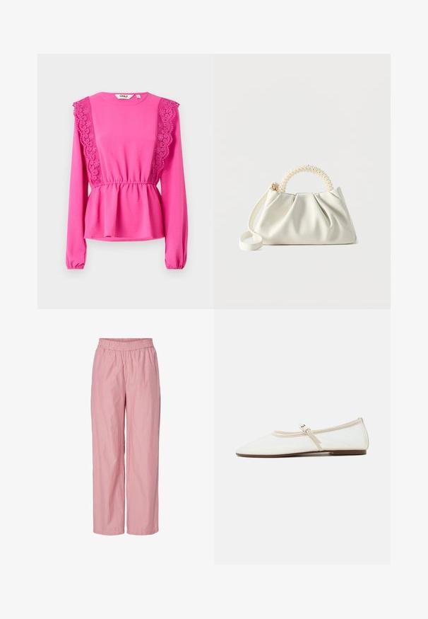 Haut fuchsia à manches longues avec des détails en dentelle sur les épaules, taille froncée et tissu texturé. Encolure ronde avec des poignets élastiques.; Pantalons larges à rayures roses avec une taille élastique. Fabriqués en tissu léger avec une texture lisse. Présentent de subtiles rayures verticales.; Chaussure plate Mary Jane blanche avec bout pointu, fine bride réglable avec boucle argentée, et semelle marron sur fond blanc.; Petit sac à main blanc avec un corps froncé, une poignée ronde ornée de perles et une bandoulière amovible sur un fond uni.