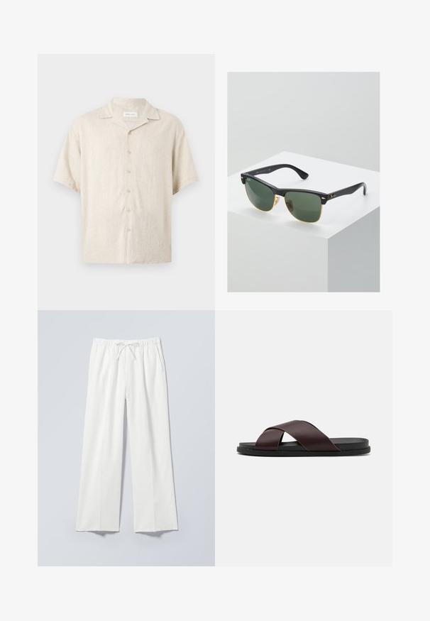 Chemise beige à manches courtes avec col camp, boutons devant et coupe décontractée, en tissu léger.; Pantalon blanc à jambe large avec taille élastique et cordon de serrage, doté de poches latérales et d'un tissu lisse légèrement texturé.; Sandale à glissière à lanières croisées de couleur marron, dotée d'une finition mate, d'une semelle noire plate et d'une texture lisse. Design minimaliste sans matériel visible.; Lunettes de soleil Ray-Ban avec des verres verts, monture en plastique noir et accents dorés sur les bords. Forme carrée avec une finition mate.