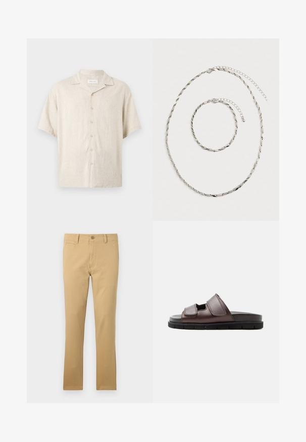 Beiges Kurzarm-Button-up-Hemd mit Camp-Kragen, vorderen Knöpfen und lockerer Passform, aus leichtem Stoff.; Khakihosen aus Baumwolle, mit geradem Bein, Fronttaschen, Knopfverschluss und subtilem Stoffmuster.; Braune Ledersandale mit zwei verstellbaren Klettverschlüssen und einer schwarzen gepolsterten Sohle auf weißem Hintergrund.; Silberne verdrehte Kettenhalskette und passendes Armband mit verstellbaren Verschlüssen, flach auf einem weißen Hintergrund ausgelegt.