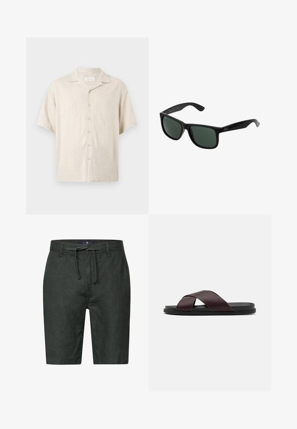 Beiges Kurzarm-Button-up-Hemd mit Camp-Kragen, vorderen Knöpfen und lockerer Passform, aus leichtem Stoff.; Dunkelgrüne Leinen-Shorts mit einem Kordelzugbund. Verfügt über seitliche Taschen und einen geraden Schnitt. Glatte Textur mit subtiler sheen.; Braune, Riemchensandale mit mattem Finish, flacher schwarzer Sohle und glatter Textur. Minimalistisches Design ohne sichtbare Beschläge.; Schwarze Plastiksonnenbrille mit grünen Gläsern, mit einem quadratischen Rahmen, glatter Oberfläche und dem auffälligen Ray-Ban Logo an den Bügeln.