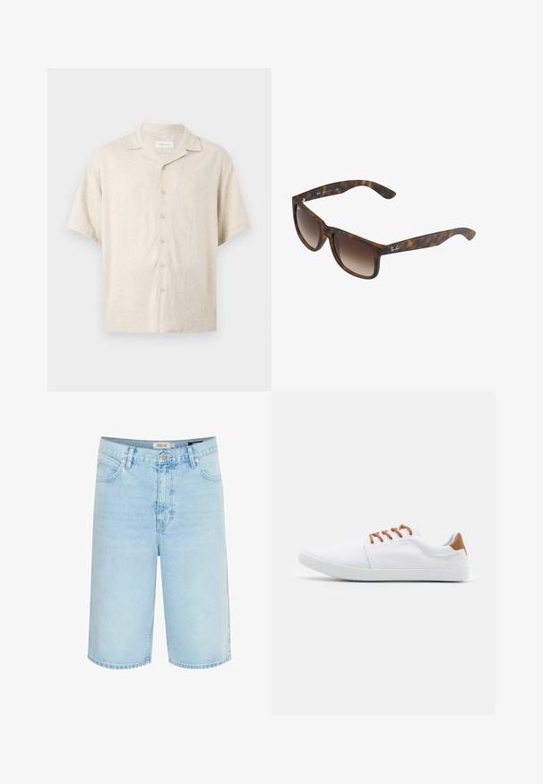Beige overhemd met korte mouwen, knopen aan de voorkant, campkraag en een losse pasvorm, gemaakt van lichtgewicht stof.; Lichtblauwe denim shorts met een ontspannen pasvorm, vijf-pocket ontwerp, enkele knoopsluiting en contrasterende stiksels langs de naden.; Witte canvas sneakers met bruine accenten, voorzien van platte veters, een lage zool en een gestructureerde rubberen zool.; Kattenoog zonnebril met bruine gradient lenzen, rechthoekige vorm, dikke monturen en een zilveren logoaccent aan de zijkant.