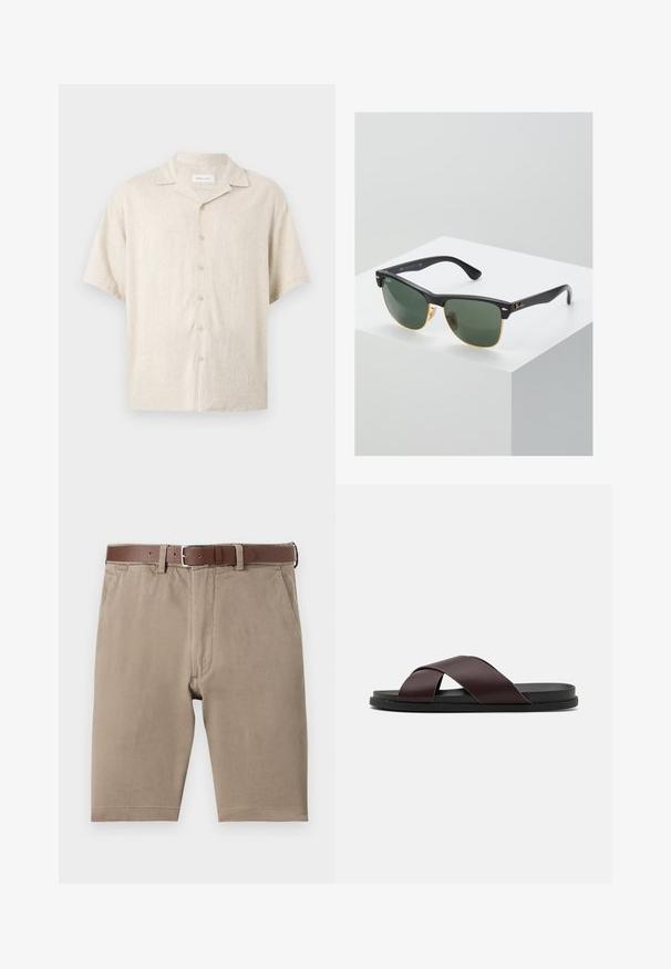 Chemise beige à manches courtes avec col camp, boutons devant et coupe décontractée, en tissu léger.; Shorts en coton beige à coupe droite, dotés d'une ceinture en cuir marron et de poches latérales, avec une texture lisse et des ourlets soigneusement finis.; Sandale à glissière à lanières croisées de couleur marron, dotée d'une finition mate, d'une semelle noire plate et d'une texture lisse. Design minimaliste sans matériel visible.; Lunettes de soleil Ray-Ban avec des verres verts, monture en plastique noir et accents dorés sur les bords. Forme carrée avec une finition mate.