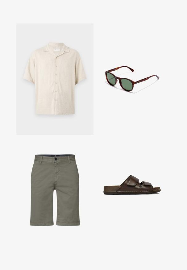 Beige kortærmet skjorte med knapper foran, camp-krave og en afslappet pasform, lavet af letvægtsstof.; Khaki shorts lavet af en blød bomuldsblanding, med lynlås og knaplukning samt forlommer. Lige ben-design, knælængde pasform.; Mørkebrune lædersandaler med to justerbare velcro-remme og en tyk, tekstureret sål.; Brune skildpaddedesign solbriller med runde rammer, grønne linser og mønstrede tempelarme. Har brandlogo på en arm.