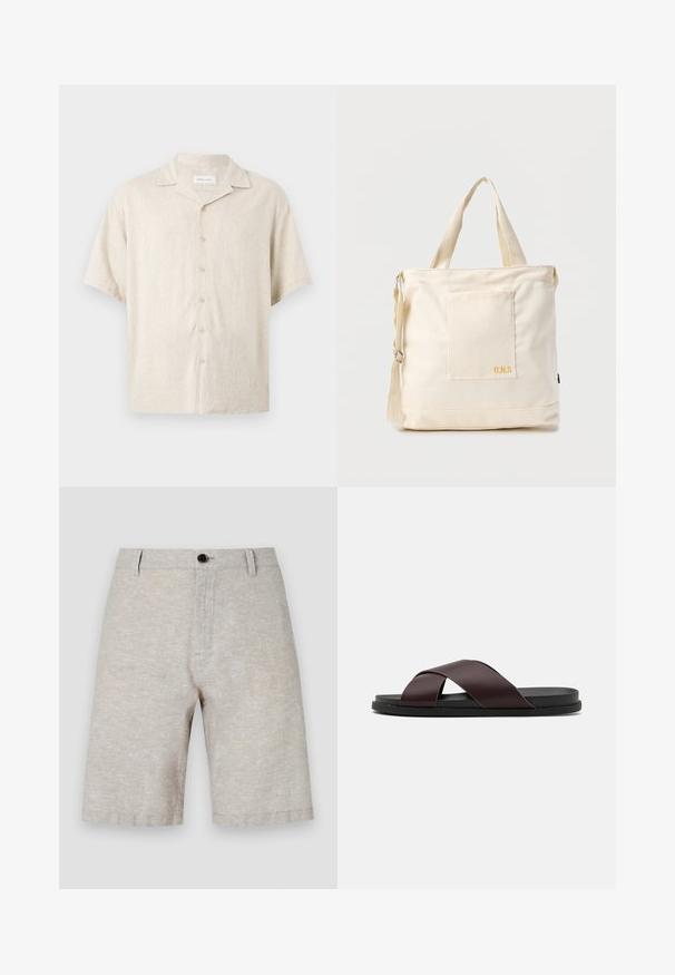 Chemise beige à manches courtes avec col camp, boutons devant et coupe décontractée, en tissu léger.; Shorts en lin beige avec une texture lisse, dotés d'une fermeture à bouton unique, de passants de ceinture et d'une coupe droite qui arrive à mi-cuisse.; Sandale à glissière à lanières croisées de couleur marron, dotée d'une finition mate, d'une semelle noire plate et d'une texture lisse. Design minimaliste sans matériel visible.; Sac fourre-tout en toile crème avec poche avant, deux poignées, bandoulière réglable et petit texte jaune "O.N.S" en bas à droite de la poche.