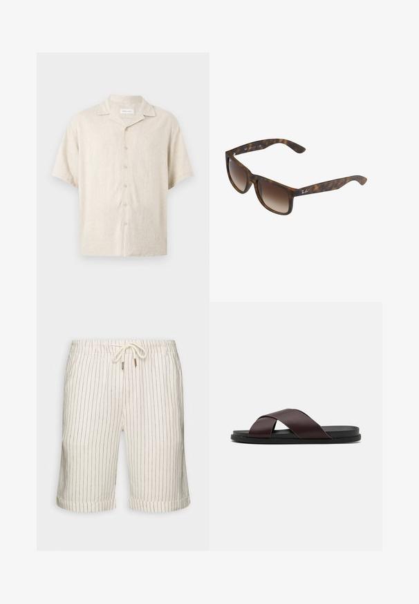 Chemise beige à manches courtes avec col camp, boutons devant et coupe décontractée, en tissu léger.; Shorts en mélange de lin couleur beige clair avec de légères rayures verticales marron. Dotés d'une taille élastique avec cordon de serrage et d'ourlets roulés.; Sandale à glissière à lanières croisées de couleur marron, dotée d'une finition mate, d'une semelle noire plate et d'une texture lisse. Design minimaliste sans matériel visible.; Lunettes de soleil en écaille de tortue avec des verres dégradés bruns, de forme rectangulaire, avec des montures épaisses et un accent de logo en argent sur le côté.