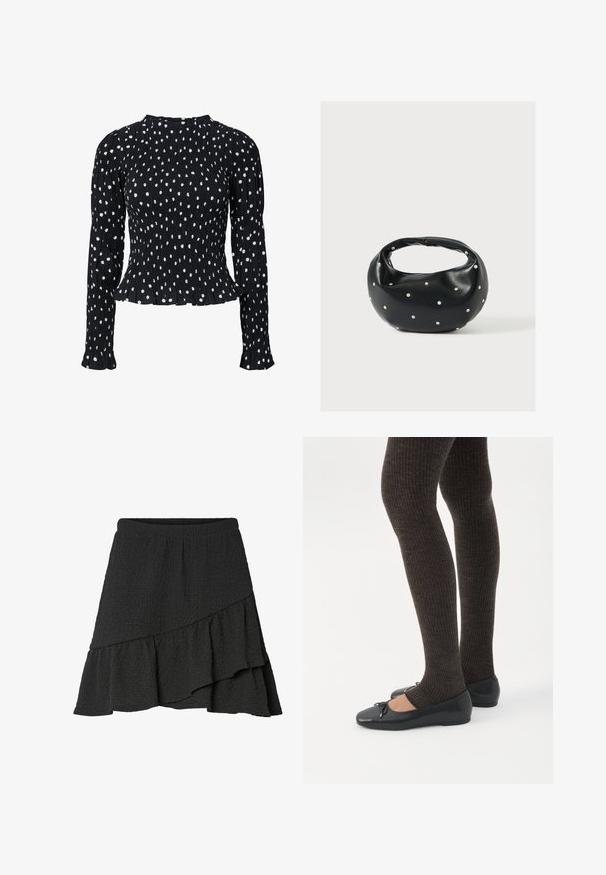 Blouse noire texturée à pois blancs ; manches longues, ourlet à volants, avec des détails froncés autour du corsage et des manches.; Jupe portefeuille noire à texture, avec ourlet asymétrique à volants et taille élastique.; Jambes portant des leggings côtelés foncés associés à des ballerines noires avec de petits détails en nœud sur fond blanc.; Sac à main en cuir noir de forme arrondie, décoré de clous argentés et équipé d'une poignée courte. Texture lisse et fermeture éclair.