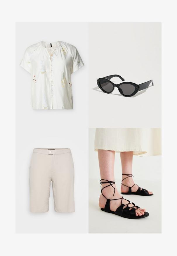 Hvid bluse med korte ærmer, diskret blomsterbroderi, knapper foran, rund halsudskæring og bindedetalje ved kraven.; Beige bomulds shorts med en knappelukning, to sidelommer og en lige pasform. Har en glat tekstur og et enkelt design.; Sorte læder flade sandaler med krydset design og ankelbind, der har en glat tekstur og åben tå-stil.; Sorte solbriller med en stor cat-eye form. Glatte plaststel med mørke linser og små stjerne-accentsider.