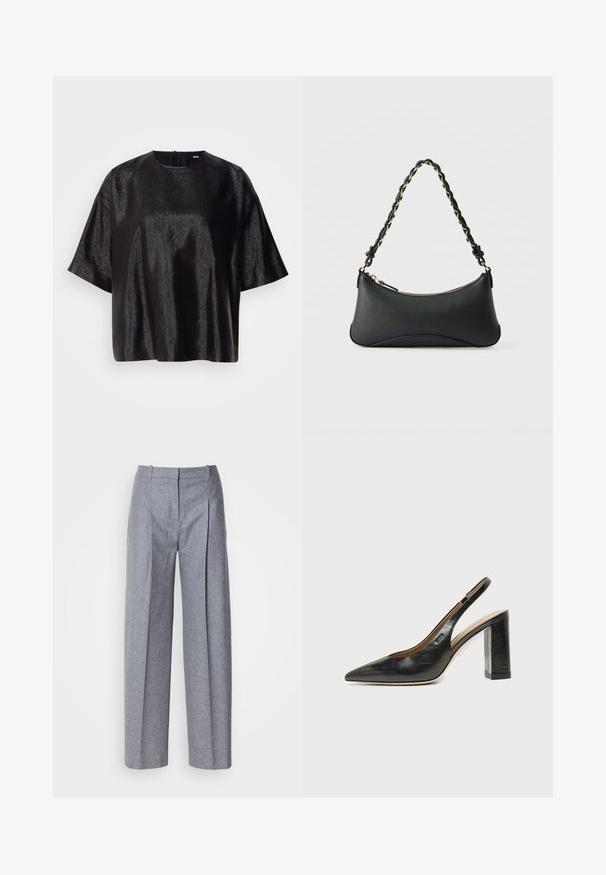Haut noir à manches courtes avec une surface texturée et brillante, et un col rond. Doté d'une fermeture éclair au dos. Silhouette carrée.; Pantalons larges gris clair en tissu texturé, avec des plis à l'avant et une taille cintrée. Design minimaliste, sans matériel visible.; Chaussure slingback en cuir noir à bout pointu avec un talon bloc haut et une doublure intérieure beige sur un fond clair uni.; Sac à bandoulière en cuir noir de forme rectangulaire incurvée, avec une chaîne dorée tissée dans la bandoulière noire tressée et une fermeture éclair sur le dessus.