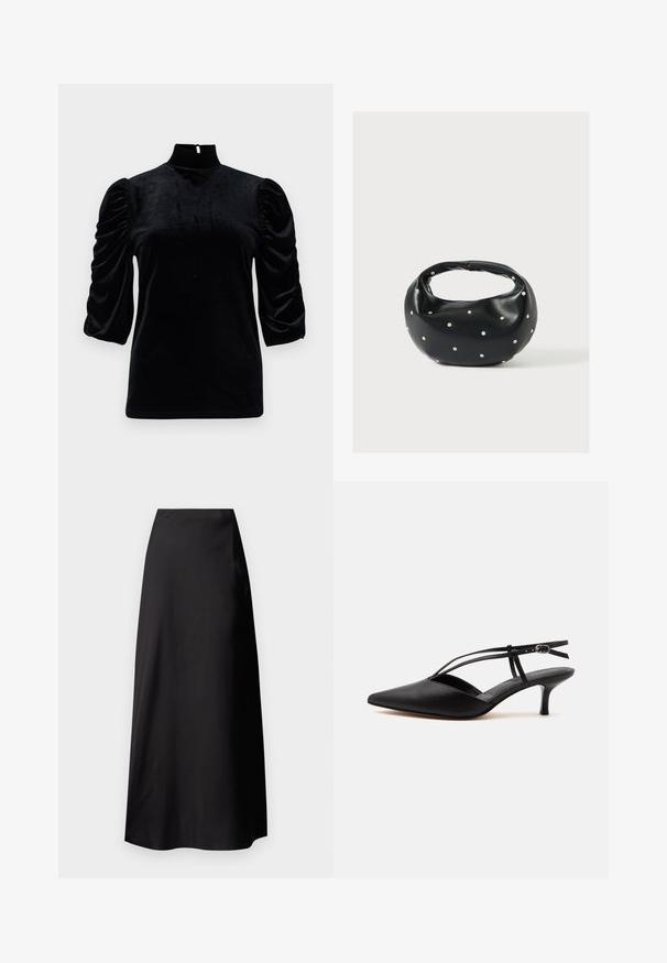 Haut en velours noir avec un col montant, des manches courtes à volants et un détail en trou de serrure dans le dos. Texture lisse avec une silhouette ajustée.; Jupe maxi en satin noir avec une texture lisse, taille haute, silhouette fluide et sans motifs ni détails en métal visibles.; Escarpin noir en cuir à bout pointu avec petit talon kitten, fine bride de cheville avec boucle, design slingback, sur un fond uni clair.; Sac à main en cuir noir de forme arrondie, décoré de clous argentés et équipé d'une poignée courte. Texture lisse et fermeture éclair.