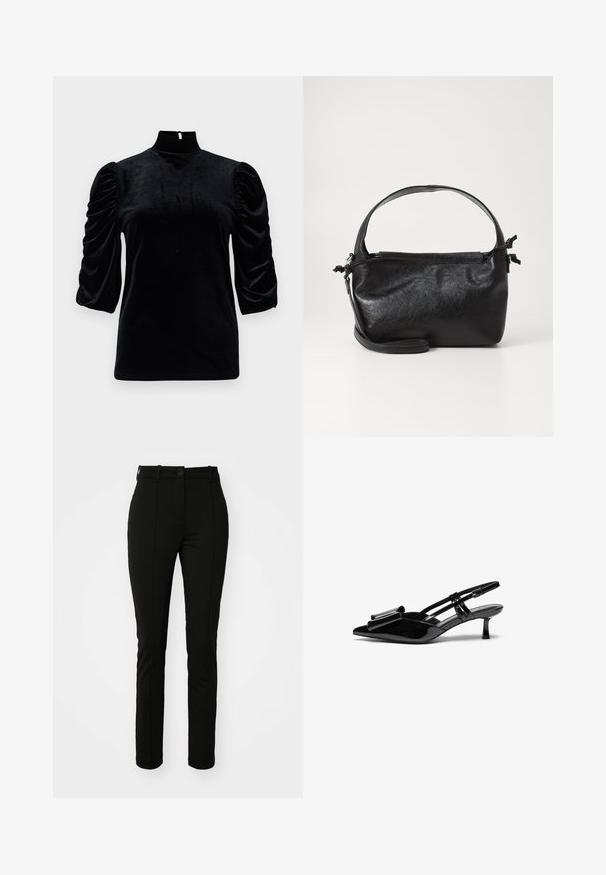 Haut en velours noir avec un col montant, des manches courtes à volants et un détail en trou de serrure dans le dos. Texture lisse avec une silhouette ajustée.; Pantalons en polyester noir avec une coupe slim, devant plat et fermeture à un bouton, dotés de plis avant et sans poches visibles.; Talons aiguilles en cuir verni noir avec un bout pointu, un détail en nœud à l'avant et un petit talon stiletto. Les brides sont équipées de boucles ajustables.; Sac à main en cuir noir au design structuré, avec une poignée arrondie et une bandoulière amovible. Présente une texture lisse et un éclat subtil.