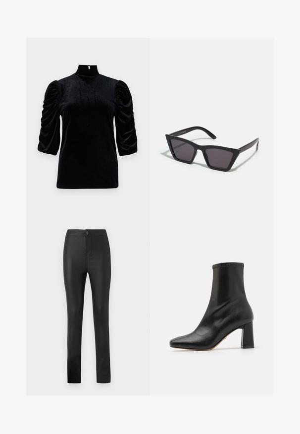 Must musta kõrge kaelusega, lühikeste puffvarrukatega ja seljaosa võtmeaugu detailiga. Sile tekstuur ja kehakujuline lõige.; Mustad mustad leggings, mis on valmistatud elastsemast ja siledast materjalist ning millel on napilt istuv disain, esipaneelil nööp ja tõmblukk, ning sirged sääred.; Must nahast pahkluu saabas sileda tekstuuri, terava varba ja plokika kandidega. Omab elastset pealiskihi ning kontrastse õmblusega detaili.; Mustad mustrakellad, millel on hallid šabloonid; valmistatud plastist, paksude ja siledate kätega, ilma nähtava riistvarata.