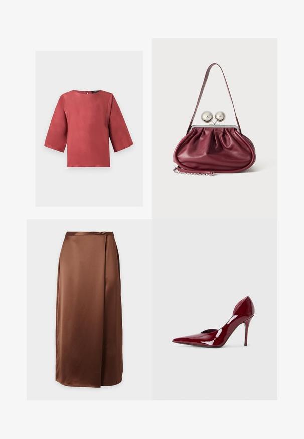 Rustfarvet satinbluse med trekvartærmer og rund halsudskæring, vist på en ensfarvet hvid baggrund.; Brun satin midi nederdel med omslagsdesign og glat, skinnende tekstur, vist på en ensfarvet hvid baggrund.; Røde patentlæder højhælede pumps med spidse tæer og udskårne sider, der har en elegant stilethæl. Glat, blank overflade.; Lille bordeaux læderhåndtaske med rynkede detaljer, en tynd rem og en sølvspænde med to store runde knopper.