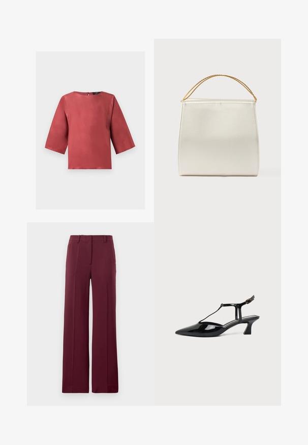 Blouse en satin couleur rouille avec manches trois-quarts et encolure ronde, présentée sur un fond blanc uni.; Pantalon large bordeaux en tissu lisse, avec un devant plat, des passants de ceinture et une coupe ajustée avec des plis.; Chaussure slingback en cuir verni noir à bout pointu avec bride en T et petit talon bloc incliné sur fond blanc.; Sac à main structuré en finition satinée, de couleur crème, avec une bandoulière chaîne. Présente une texture plate et lisse ainsi que des coutures nettes.