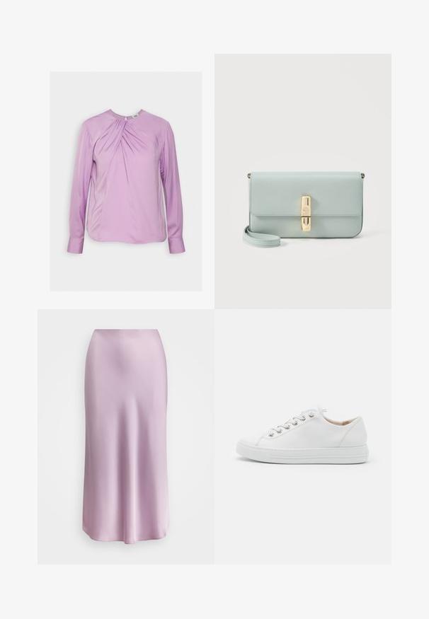 Twist & Tango BRENDA BLOUSE - Pluus - lilac; Kerged midi seelik heleses roosas, millel on sile tekstuur, stiilne siluett ja laienev allserv. Ilma nähtavate metallist detailide või mustriteta.; Valge nahast toss, millel on ümar varvas, metallist niidid ja lamepaisus. Omab tekstuurset tallat ja peent õmblust üksikasjades serval.; Hele sinine nahast käekott kuldse tooniga ristkülikukujulise klambriga ja eemaldatava randmerihmaga valgel taustal.
