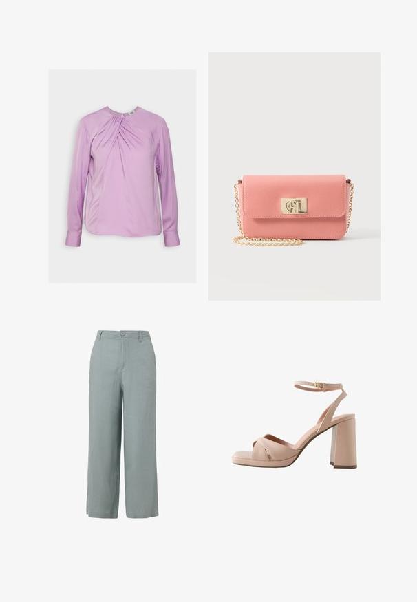 Twist & Tango BRENDA BLOUSE - Blúzka - lilac; Svetlo šedé nohavice s širokými nohavicami vyrobené z hladkej tkaniny, so zapínaním na prednom priečnom gombíku a dvoma bočnými vreckami.; Béžová sandála na vysokom hrubom opätku s otvorenou špičkou, prednými prekríženými remienkami a nastaviteľným členkovým remienkom s malou prackou.; Ružová kožená crossbody taška so zlatým retiazkovým popruhom a obdĺžnikovou zlatou sponou na bielom pozadí.