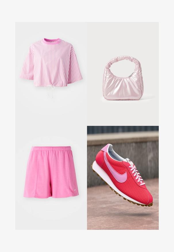 Lyserød og hvid stribet cropped t-shirt med korte ærmer, rund halsudskæring og snoretræk i kanten. Fremstillet af letvægtsstof.; Lyserøde atletiske shorts fremstillet af blødt stof, med et elastisk midjebånd og en logoaccent på siden. Lige ben design med en glat tekstur.; Lys pink og rød strikket sneakers med lyserød logo og snørebånd, hvid sål og brun bund flyvende over en betonoverflade.; Rosa, polstret håndtaske med afrundet design, lavet af skinnende materiale. Har et samlet håndtag og en lynlås til sikker adgang.