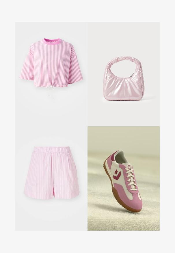 Roze en witte gestreepte cropped T-shirt met korte mouwen, ronde halslijn en trekkoord aan de onderkant. Gemaakt van lichtgewicht stof.; Lichtroze shorts met witte verticale strepen, met een elastische tailleband en een losse pasvorm, gemaakt van zachte, lichte stof.; Roze en witte sneaker met rubberen, gestructureerde zool. Bevat een sterlogo en contrasterende accenten. Glad bovenwerk met vetersluiting.; Roze, gevoerde handtas met een afgeronde vorm, gemaakt van glanzend materiaal. Beschikt over een geplooide handgreep en een ritssluiting voor veilige toegang.