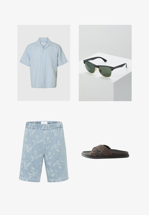 Lyseblå linskjorte med korte ærmer, afslappet krave og hvide knapper ned foran.; Lyseblå denimshorts med et diskret blomsterprint, elastisk talje og lige skæring. Ingen lommer synlige.; Mænds mørkebrune slidesandal med vævede læderkrydsremme og en sort sål på en hvid baggrund.; Ray-Ban solbriller med grønne linser, sorte plastikstel og gyldne detaljer ved kanterne. Firkantet form med mat finish.