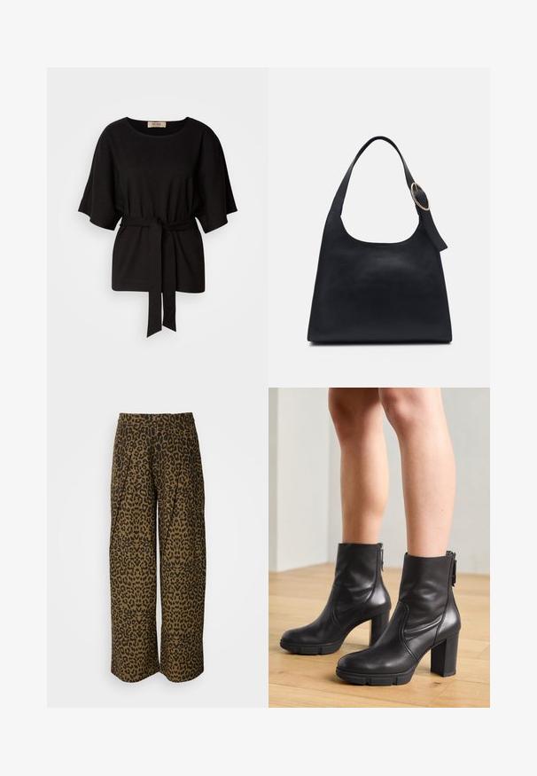 Top corto negro de manga corta con cuello redondo, cintura ceñida y textura suave que presenta sutiles destellos metálicos en toda la tela.; Pantalones de pierna ancha en un estampado de leopardo marrón y negro. Presenta una cinturilla alta y un diseño plisado. Tela suave con una textura lisa.; Botas de cuero negro hasta el tobillo con un tacón grueso, cremallera lateral y textura suave, que presentan un diseño elegante y detalles de costura mínimos.; Bolso tote de cuero negro con textura suave, cuerpo redondeado y una sola correa de hombro con un acento de hardware dorado circular.