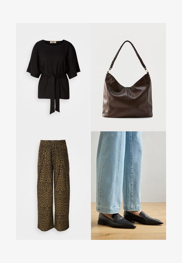 Sort kortærmet top med rund halsudskæring, bælte i taljen og blød tekstur med subtile metalliske glimt i stoffet.; Bredde bukser i et brun- og sort leopardprint. Har en høj talje og plisseret design. Blødt stof med en glat tekstur.; Sorte lædersko med spids tå og slip-on design, parret med lyseblå bredbenede jeans, på et trægulv.; Mørkebrun læder skuldertaske med flettet håndtag og synlige sømdetaljer på forsiden.