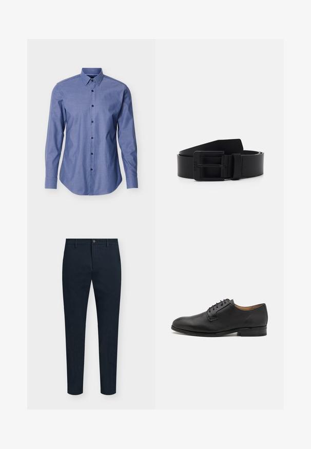 Camisa azul de manga larga con cuello puntiagudo y botones negros en la parte delantera, exhibida sobre un fondo blanco.; Pantalones de hombre azul marino de corte slim con cierre frontal de botón y cremallera, trabillas para cinturón y diseño minimalista.; Zapato de vestir de cuero negro con punta redondeada, diseño de cordones, textura suave y mínima marca en el talón.; Cinturón de cuero negro con un acabado mate, que presenta una hebilla metálica rectangular y una textura suave. Diseño simple sin patrones ni acentos.