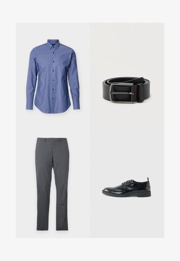 Camisa azul de manga larga con cuello puntiagudo y botones negros en la parte delantera, exhibida sobre un fondo blanco.; Pantalones de vestir grises con una tela suave y texturizada. Diseño slim fit, con delantero liso y sin adornos ni bolsillos visibles.; Zapato de vestir negro de cuero brillante con tacón bajo, cierre de cordones y puntera redonda, mostrado de lado sobre un fondo claro y liso.; Cinturón de cuero negro con hebilla plateada y detalle de costura roja, enrollado sobre un fondo claro y liso.