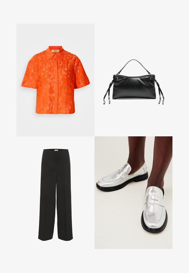 Orange blondebluse med korte ærmer, krave og knaplukning. Indeholder et tekstureret blomsterdesign og en solid orange krave.; Sorte bukser med vid ben, høj talje og subtile pressede detaljer, designet til en afslappet og elegant pasform.; Sølvmetallic loafers med en glat overflade, sort gummisål og et dekorativt bånd med brandnavnet præget.; Sort lædertaske med en struktureret rektangulær form, et skulderhåndtag og bånd-lignende snørebånd på hver side til justerbar lukning.