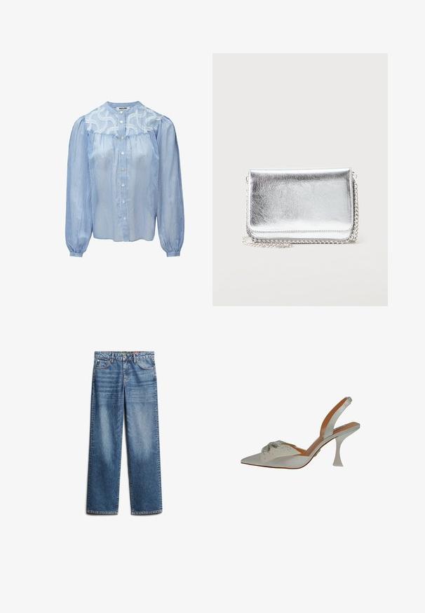 Blouse rayée bleu et blanc avec de longues manches bouffantes, col rond, fermeture à boutons sur le devant et détails brodés sur le plastron.; Jean en denim bleu clair avec une coupe droite, cinq poches et un léger délavage. Dispose d'un bouton de braguette et de passants de ceinture.; Chaussure slingback en satin blanc, à bout pointu, ornée de perles argentées. Présente un talon fin et transparent, ainsi qu'un détail décoratif texturé sur le dessus.; Petit sac métallique rectangulaire argenté avec une bandoulière chaîne reposant sur une surface claire, rabat fermé face vers l'avant.