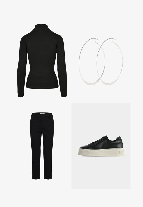 Schwarzer Rollkragenpullover aus weichem Stoff, mit langen Ärmeln, geripptem Kragen und einem figurbetonten Design mit minimaler Gestaltung.; Schwarze Baumwollhose mit geradem Schnitt. Verfügt über fünf Taschen und einen vorderen Knopfverschluss. Glatte Textur, minimale Nähdetails.; Schwarzer Leder-Sneaker mit niedrigem Schaft, dicker weißer Plateausohle und schwarzen Schnürsenkeln auf einfachem hellem Hintergrund.; Silberne Creolen mit einem dünnen, glatten Design; länglich-ovale Form; polierte Oberfläche; ausgestattet mit einem sicheren Hakenverschluss.