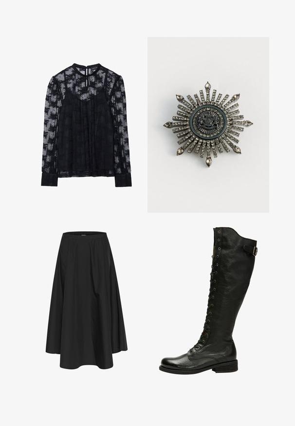 Blouse noire transparente avec de longues manches en dentelle et un col haut. Motif floral décoratif sur l'ensemble. Fermeture en clé à l'arrière et poignets ajustés.; Jupe noire mi-longue avec une taille élastique, dotée de plis pour plus de volume et d'une texture lisse. Design simple et classique sans embellissements.; Botte en cuir noir hauteur genou avec un laçage à l'avant, œillets en métal argenté et boucle sur le côté. Présente une finition texturée et un talon empilé.; Broche en forme d'étoile en métal argenté avec des strass clairs. Le design central présente un emblème circulaire avec des détails délicats.