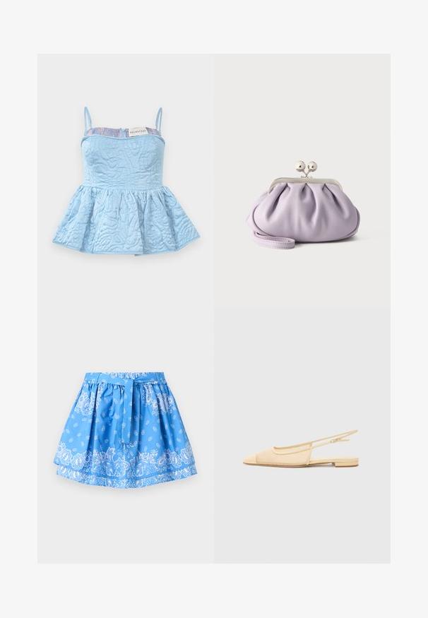 Haut peplum bleu clair, en tissu matelassé avec des motifs complexes, bretelles spaghetti, zip exposé dans le dos, et un détail en mesh côtelé le long du décolleté.; Jupe bleue à plusieurs couches avec des motifs paisley et floraux blancs, avec une ceinture en tissu nouée à la taille.; Chaussure plate slingback en beige clair avec une tige en maille, un bout pointu et un petit talon. Dotée d'une sangle ajustable pour un bon maintien.; Pochette lavande douce avec tissu froncé, fermoir kiss-lock argenté et bracelet assorti sur un fond clair uni.