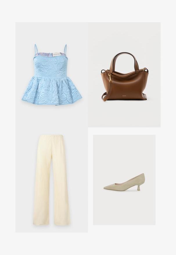 Svetlomodrý peplum top z prešitých látok s zložitými vzormi, s tenkými ramienkami, odkrytým zipsom na chrbte a rebrovým sieťovaným detailom okolo výstrihu.; Kostýmové nohavice so širokými nohavicami v svetložltej bavlnenej látke. Obsahuje elastický pás a hladkú textúru, bez viditeľných vreciek alebo ozdôb.; Dámska béžová semišová lodička so špicatou špičkou, nízkym, úzkym kitten podpätkom a hladkým matným povrchom.; Hnedá kožená kabelka s dvoma rúčkami a odnímateľným ramenným popruhom, s kovovými prvkami v zlatej farbe a malým logom "Wandler" na prednej strane.