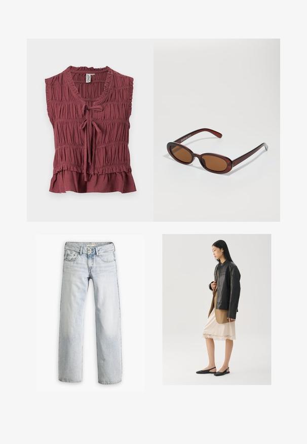 Blusa sin mangas de color granate con tela fruncida, escote en V, cierre de lazo en el frente, bajo con volantes y etiqueta de marca en el interior del cuello.; Jeans de mezclilla azul claro con un ajuste relajado, cintura alta y diseño de cinco bolsillos. Presentan detalles de costura y un cierre de botón.; Chaqueta de cuero negra sobre una blusa marrón, combinada con un vestido camisón color crema claro con ribete de encaje y zapatos slingback negros.; Gafas de sol redondas con tinte marrón y un marco burdeos brillante. Patillas delgadas con un sutil detalle de marca. Diseño de lentes planos.
