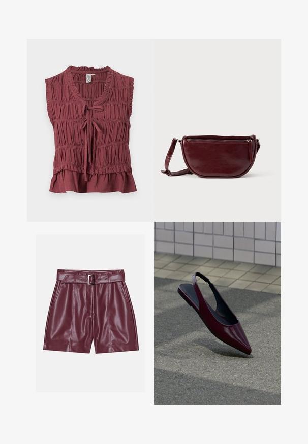 Mouwloze bordeauxrode blouse met geplooide stof, V-hals, striksluiting aan de voorkant, gerimpelde zoom en merklabel aan de binnenkant van de kraag.; Bordeaux neplederen shorts met een brede tailleband, een riem met een zilveren gesp en voorplooien voor een ontspannen silhouet.; Donkerrode lakleren slingback platte schoen met spits toelopende neus zwevend boven een getextureerde bestrating bij een betegelde muur.; Dieprode lederen handtas met een halve-maansvorm, een ritssluiting en een afneembare riem. Gladde textuur met een subtiele glans.