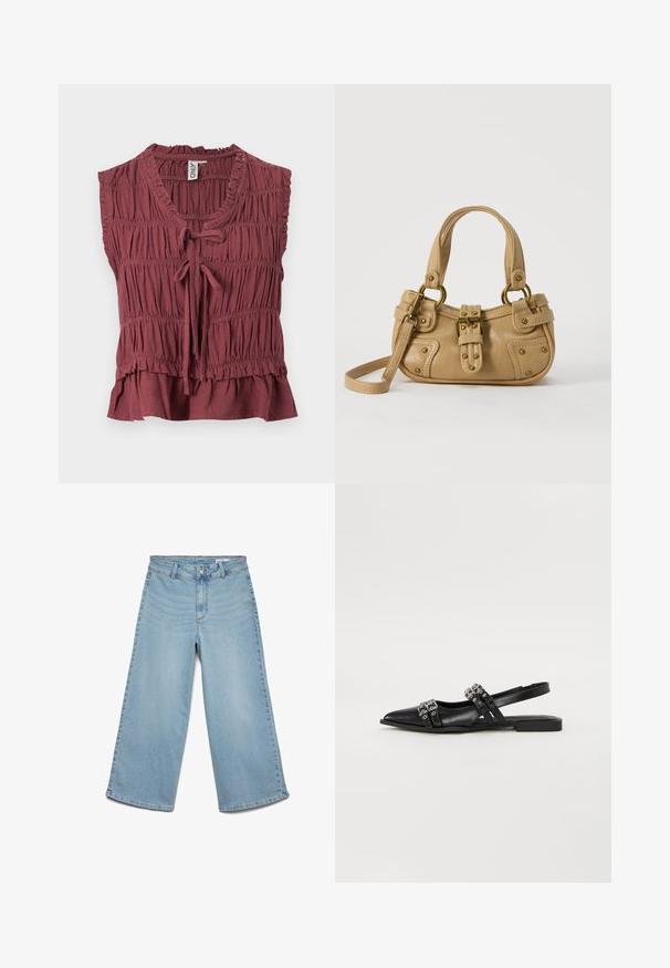 Blouse sans manches bordeaux avec tissu froncé, encolure en V, fermeture par lien à l'avant, ourlet à volants et étiquette de marque à l'intérieur du col.; Pantalon large en denim bleu clair avec passants pour ceinture, bouton devant et fermeture éclair, sans poches visibles.; Even&Odd by Zalando Ballerines à brides arrière - black; Sac à main en cuir beige avec double poignées, boucle en laiton et détails rivetés, ainsi qu'une bandoulière réglable sur fond blanc.
