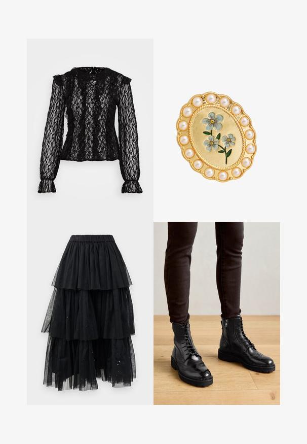 Top de encaje negro de manga larga con un diseño ajustado, detalles con volantes en los hombros y puños, y un patrón floral texturizado en toda la prenda.; Falda de tul negro en capas con cinturilla elástica y un diseño en cascada con longitudes variables y sutiles toques de purpurina.; Botas negras de cuero hasta el tobillo con detalles de brogue, cordones en la parte delantera, cremalleras laterales y suelas de goma texturizadas. Combinadas con pantalones oscuros de corte slim.; Broche ovalado de oro con flores de esmalte azul en el centro, rodeado por un borde de perlas blancas redondas.