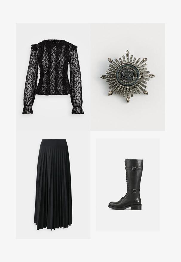 Top de encaje negro de manga larga con un diseño ajustado, detalles con volantes en los hombros y puños, y un patrón floral texturizado en toda la prenda.; Falda maxi negra con pliegues y cinturilla elástica ancha. Fabricada con un tejido suave y fluido, presenta pliegues verticales para añadir textura.; Botas altas de cuero negro con cordones en la parte delantera, hebillas en los laterales, textura suave, punta redondeada y un tacón bajo resistente.; Broche en forma de estrella en metal de tono plateado con rhinestones transparentes. El diseño central presenta un emblema circular con un detallado intrincado.