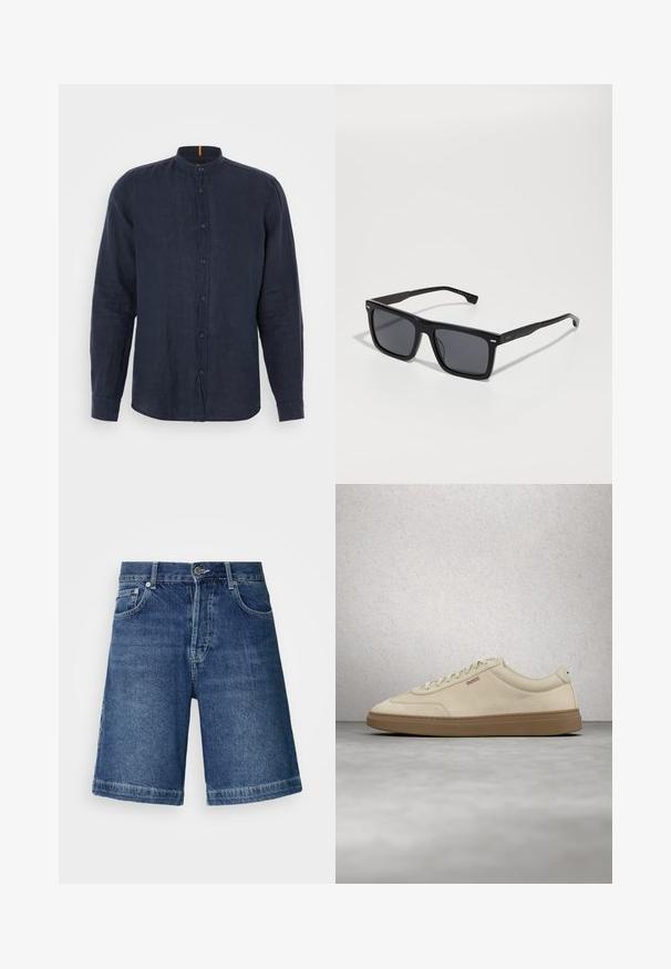 Navyblauwe, langarmpoloshirt van linnen, met een bandkraag, knopenstrip en een zachte textuur zonder patronen of versieringen.; Donkerblauwe denim shorts met een rechte snit, vijf zakken en gestikte zoom. Voorzien van een sluiting met een knoop en rits.; Lichtbeige suède sneaker met een zool van gumrubber, opvallende veters en subtiele stikdetails. Strak ontwerp met een minimalistische uitstraling.; Zwarte vierkante zonnebril met donkere lenzen. Gemaakt van plastic, met een textuur aan de zijkanten en een minimalistisch ontwerp. Accenten nabij de scharnieren.