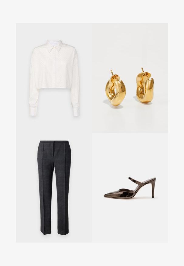 Camisa blanca recortada de manga larga, con cuello abotonado y un pequeño patrón de puntos. Está hecha de una tela suave y presenta un corte relajado.; Pantalones tailoring de color gris oscuro, confeccionados en tejido texturizado, con pliegues laterales, pernera recta y una cinturilla limpia sin herrajes visibles.; Mule de tacón alto de punta estrecha de color marrón oscuro brillante con una tira delgada sobre el empeine sobre un fondo blanco liso.; Pendientes de aro grueso en oro con un diseño tubular ligeramente retorcido y cierre de presión, sobre un fondo blanco.
