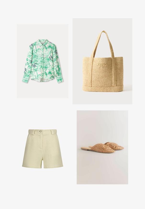 Witte blouse met knopen en groen-blauwe tropische print met palmbomen, strandparasols, golven en zeepaardjes.; Crème-kleurige shorts van gestructureerde stof met een subtiel patroon, voorzien van een sluiting met een knoop aan de voorkant en zijzakken.; Geweven leren slidesandalen in lichtbruin, met een oversized geweven bovenkant en een platte zool. De spitse neus zorgt voor een strakke uitstraling.; Beige geweven strooien tas met twee schouderbanden en subtiele cursieve borduurwerk aan de voorkant, tegen een effen achtergrond.