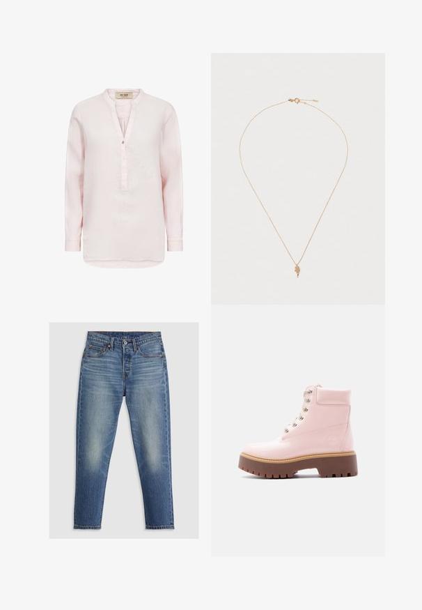 Lyserød langærmet bluse med mandarinkrave, delvist knappelukning og løs pasform.; Lyseblå denim jeans med lige pasform, fem lommer, knaplukning og diskret falming på lårene. Kontraststing er synlige.; Blank lyserøde snørestøvler med polstret krave og tyk brun profil sål på en hvid baggrund.; Guld halskæde med en delikat kæde og en håndformet pendel, der har en lille hængende perle. Glat tekstur, enkelt design.