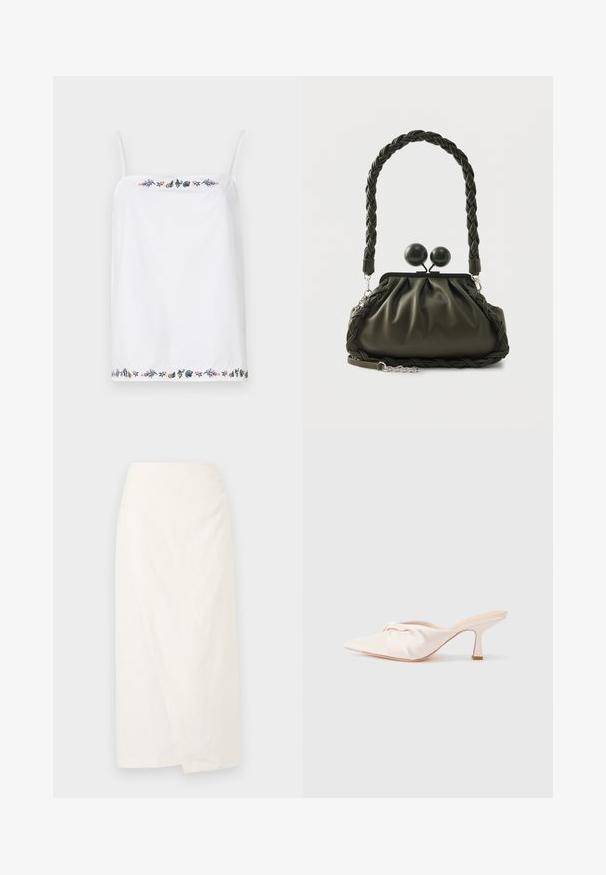 Top blanco sin mangas con tirantes finos, que presenta un intrincado bordado floral alrededor del escote y el dobladillo en varios colores. Textura suave.; Falda blanca hasta la rodilla hecha de un tejido ligero, con un diseño tipo wrap y una superficie suave y texturizada. Líneas simples y limpias sin adornos.; Zapato mule de tela beige claro con un diseño anudado en la parte delantera, punta afilada y un tacón delgado y estrecho. Textura suave en general.; Bolso de cuero verde oliva con asa trenzada y herrajes plateados, que presenta un diseño fruncido y detalles de cierre redondeado en la parte superior.