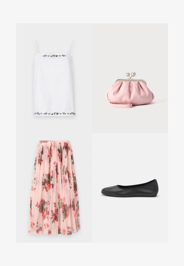 Witte mouwloze top met dunne bandjes, voorzien van ingewikkelde bloemborduursels rond de halslijn en de zoom in verschillende kleuren. Gladde textuur.; Tule rok met een zachte roze basis, met een bloemenpatroon in rood en groen. De stof is doorschijnend met geplooide fronsen aan de tailleband.; Zwarte leren ballerina met een ronde neus, gladde textuur, minimale stikdetails en een flexibele zoolontwerp.; Kleine zachte roze clutch met zilverkleurig metalen frame en ronde sluiting, liggend op een vlakke lichte ondergrond met polsriem vooraan gevouwen.