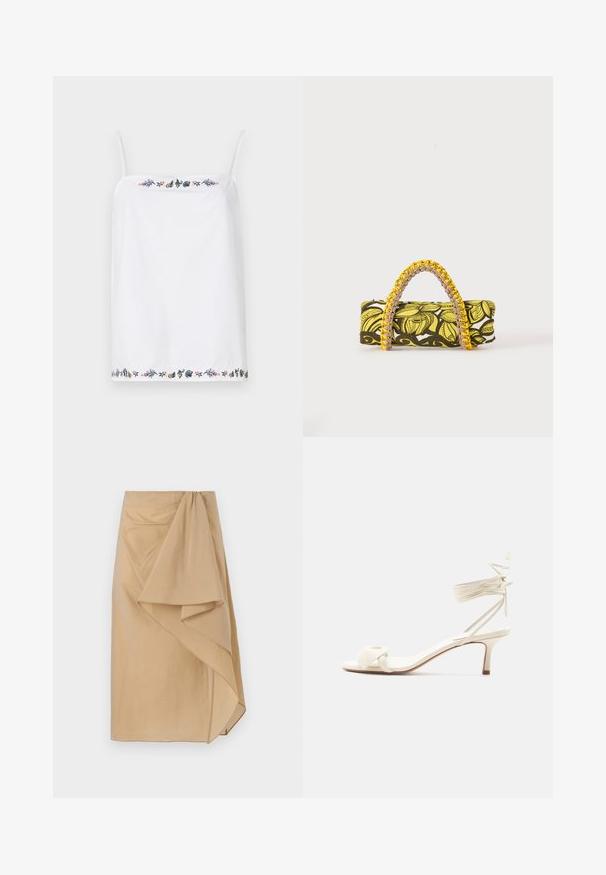 Haut sans manches blanc avec de fines bretelles, présentant des broderies florales complexes autour de l'encolure et de l'ourlet dans diverses couleurs. Texture lisse.; Jupe enveloppante beige en tissu léger avec un drapé asymétrique, dotée d'une ceinture froncée et d'une texture lisse. Sans fermetures visibles.; Sandale à talon bas de couleur crème avec des liens à nouer autour de la cheville et une large bride torsadée sur les orteils, sur un fond blanc uni.; Sac rectangulaire avec motif floral jaune et noir et anse tressée jaune et rose sur fond blanc.