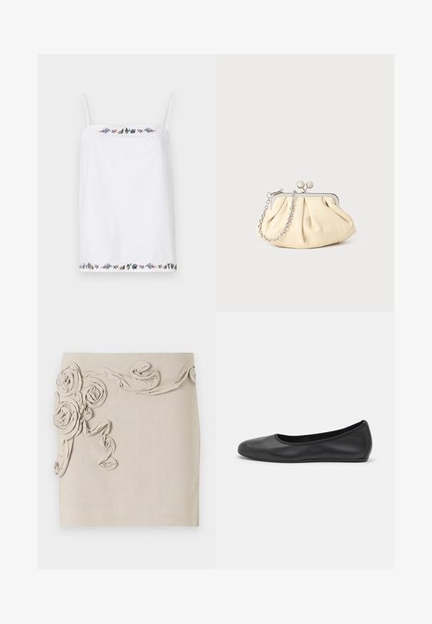 Hvid ærmeløs top med tynde stropper, der har intrikate blomsterbroderier omkring halsen og i kanten i forskellige farver. Glat tekstur.; Beige linnedragt med teksturerede, stof rosetapplikationer og snoet bånddetalje for et dimensionelt udseende. Glat finish.; Sort læderballetsko med rund tå, glat tekstur, minimal syning og et fleksibelt såldesign.; Plisseret beige læderclutch med en sølvmetalramme, der har to runde dekorative låse og en sølvkædetrasporte.