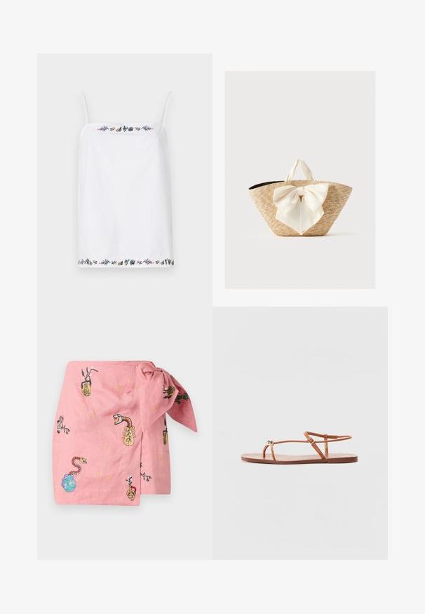 Hvid ærmeløs top med tynde stropper, der har intrikate blomsterbroderier omkring halsen og i kanten i forskellige farver. Glat tekstur.; Lyserød slå-om-nederdel med forskellige broderede motiver, herunder slanger, vaser og planter, med gyldne og flerfarvede accenter over det hele.; Loeffler Randall LARA STRAPPY - Sandaler m/ tåsplit - timber; Vævet stråtote taske med cremefarvede stofhåndtag og en stor dekorativ cremebue foran, mod en ensfarvet baggrund.